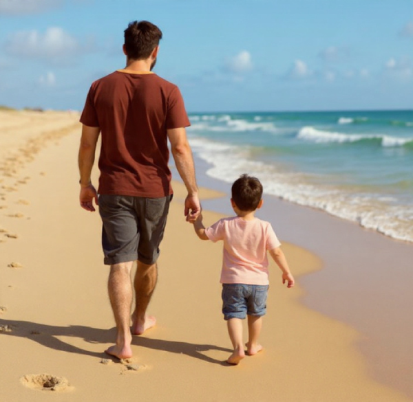 Autor del blog y su hijo paseando por la playa