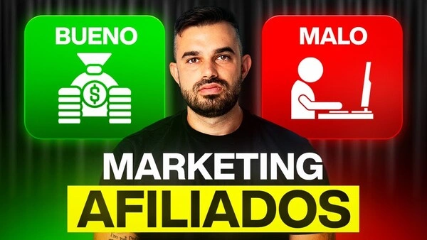 Comparativa visual entre lo bueno y lo malo del marketing de afiliados con un creador de contenido en el centro